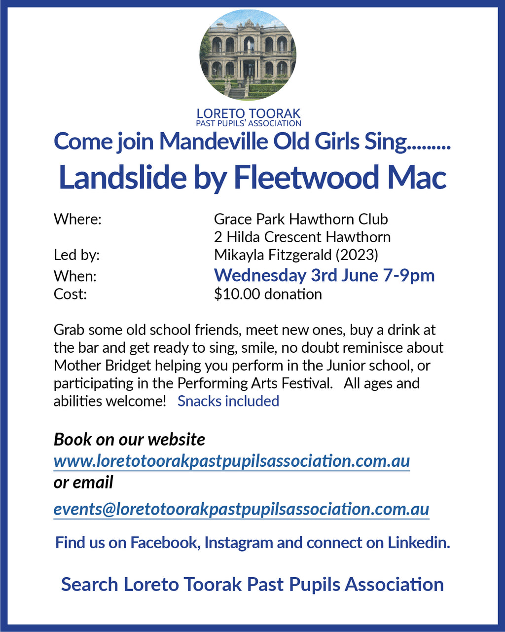 Mandeville Old Girls Sing -Wednesday 3rd June 7-9pm -