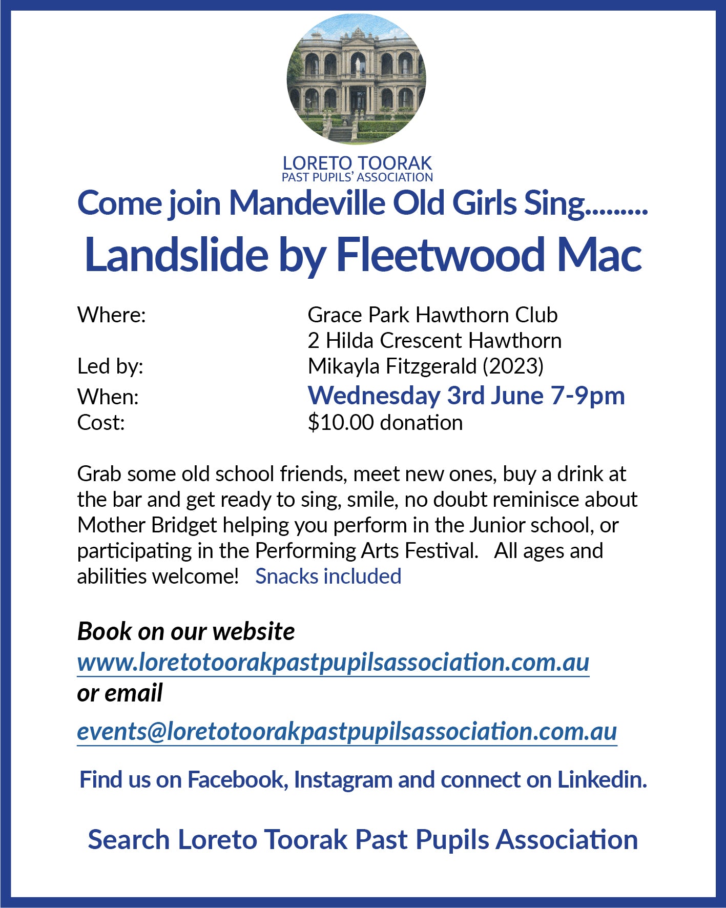 Mandeville Old Girls Sing -Wednesday 3rd June 7-9pm -